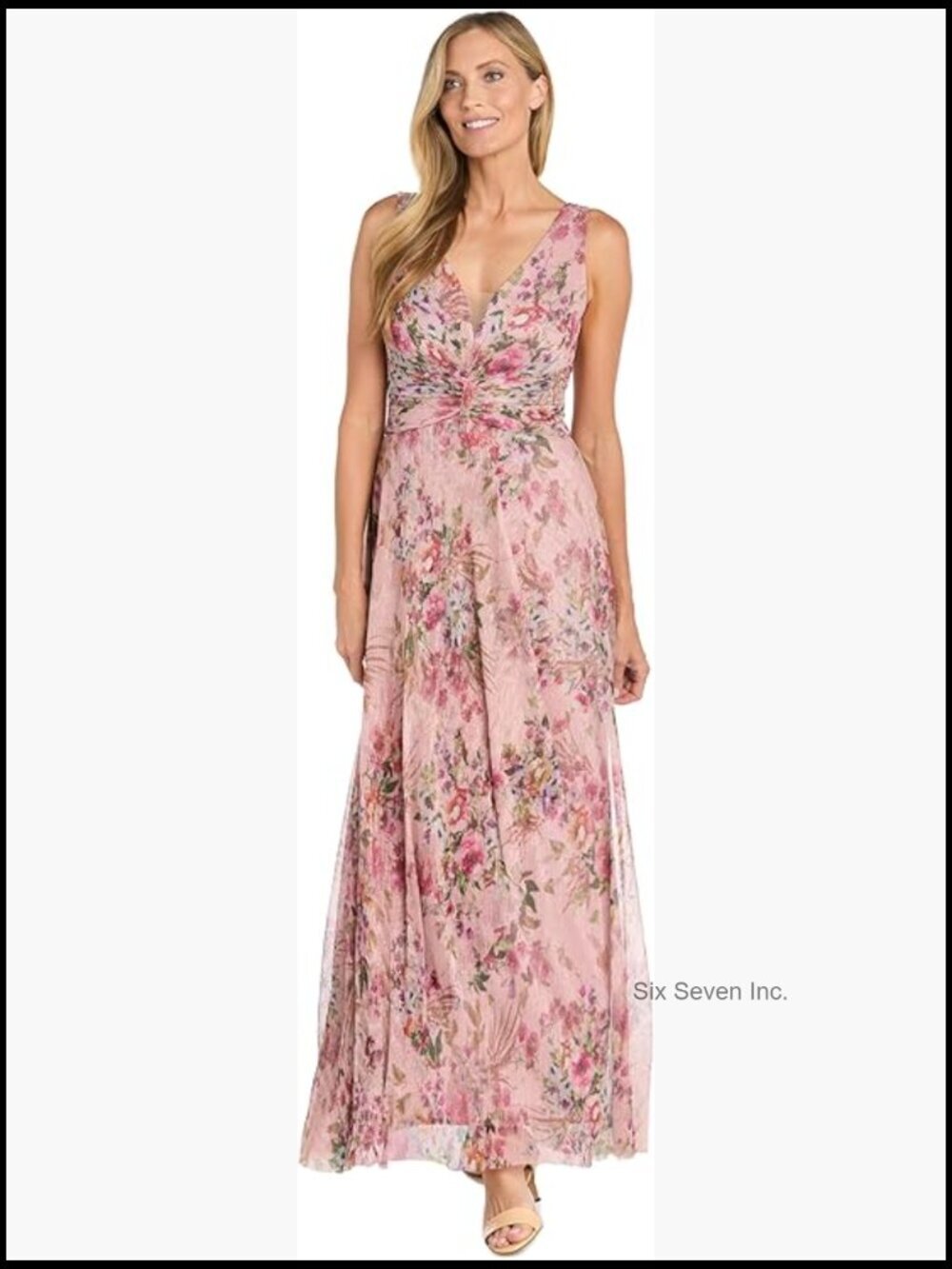 Pleated Sheer Knit Floral Maxi Dress with Ruched Waist & Cascade Detail